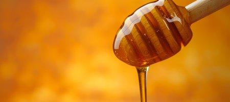 Wooden Honey Dipper Drizzling Honey on Orange Backgroundの素材