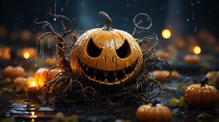 Spooky Halloween Pumpkin on Blurry Bokeh Backgroundの素材