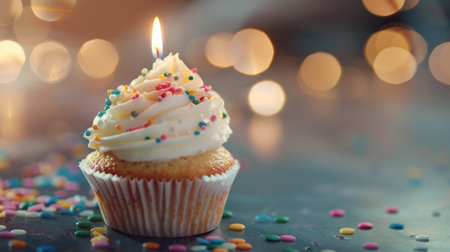 Festive Birthday Cupcake with a Sparkling Candleの素材