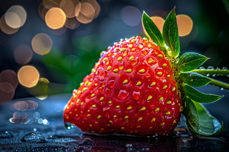 Raindrops Adorning Ripe Strawberry in Soft Warm Glowの素材