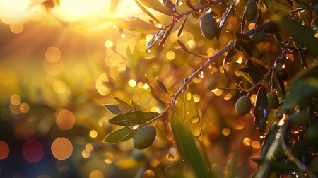 Warm Sunlight Illuminating Raindrops on Olivesの素材
