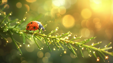 Macro Magic, Raindrops Adorning Ladybug in Soft Morning Glowの素材