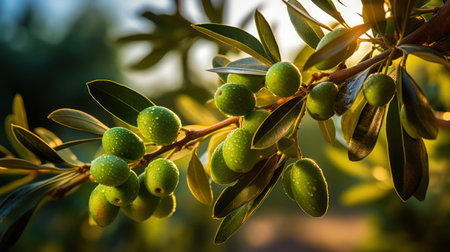 Fresh Olives Hanging on Tree Branches, AI generatedの素材