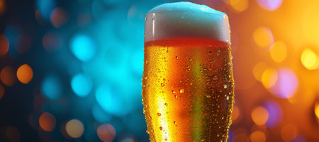 Saturated Beer Glass, Colorful Droplets in Dark Orange