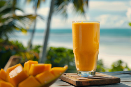 Exotic Mango Shake in Wide Glass, Beach Bliss in Every Siの素材