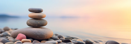 Zen stone tower with peaceful sea and sky bokehの素材