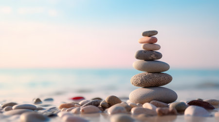 Zen stone tower with peaceful sea and sky bokehの素材