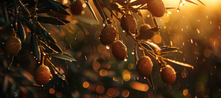 Warm Sunlight Illuminating Raindrops on Olivesの素材