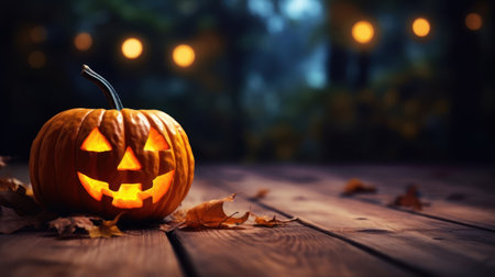 Halloween Pumpkin with Glowing Eyes, Forest Sunset Halloween Sceneの素材