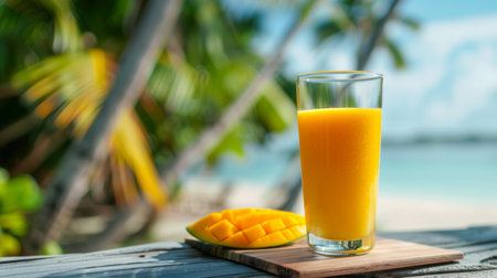 Exotic Mango Shake in Wide Glass, Beach Bliss in Every Siの素材
