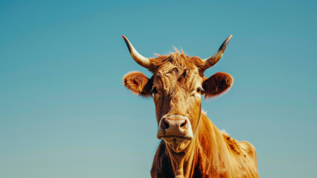 Cow, Brown Fur and Horns Against Blue Skyの素材