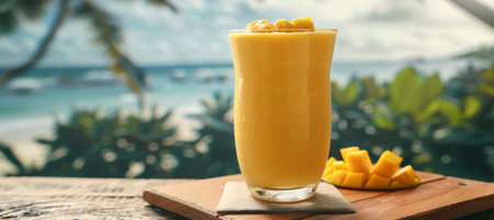 Exotic Mango Shake in Wide Glass, Beach Bliss in Every Siの素材