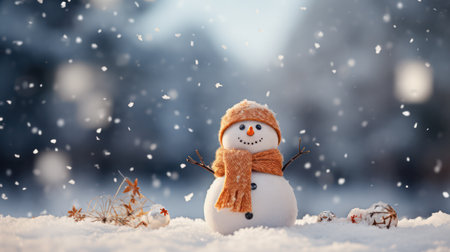 Adorable Snowman in a Frosty Landscape with Falling Snowflakesの素材