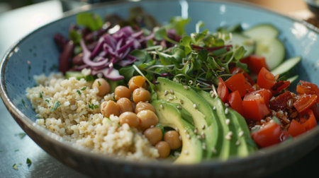 Colorful Vegan Cuisine, Close-Up of Salad Bowl with Avocado and Grainsの素材
