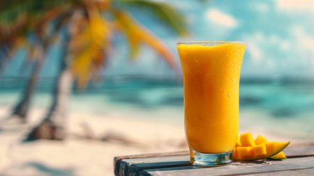 Exotic Mango Shake in Wide Glass, Beach Bliss in Every Siの素材