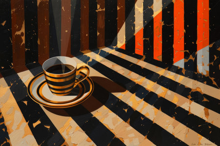 Artistic Brew, Cubist Coffee Cup on Striped Wallの素材
