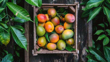 Vibrant Mangoes in Wooden Crateの素材