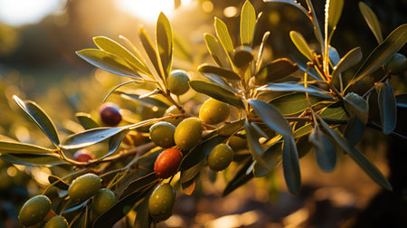 Fresh Olives Hanging on Tree Branches, AI generatedの素材