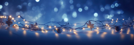 Christmas Garland Bokeh Lights on Dark Blue Backgroundの素材