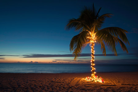 Holiday Glow, Palm Decorated with Christmas Lights on the Beachの素材