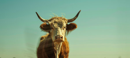 Cow, Brown Fur and Horns Against Blue Skyの素材