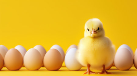 Small Chicken with Eggs on Yellow Backgroundの素材