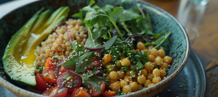 Colorful Vegan Cuisine, Close-Up of Salad Bowl with Avocado and Grainsの素材