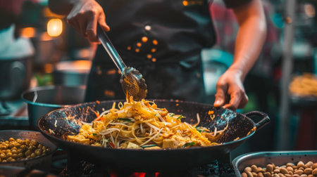 Authentic Pad Thai, Savory Delights on Bangkok's Bustling Streetsの素材