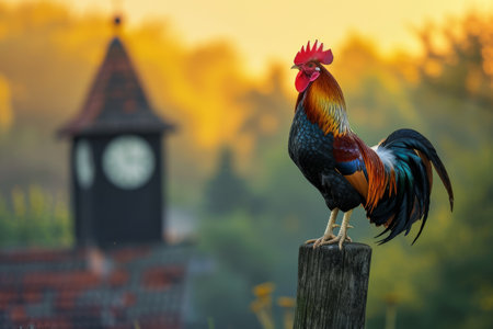 Morning Charm, Colorful Rooster on Wooden Pole at Sunriseの素材