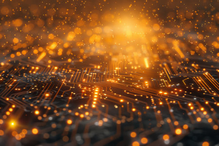 Digital Tech Glowing in Sunlight, Circuitry Close-Upの素材