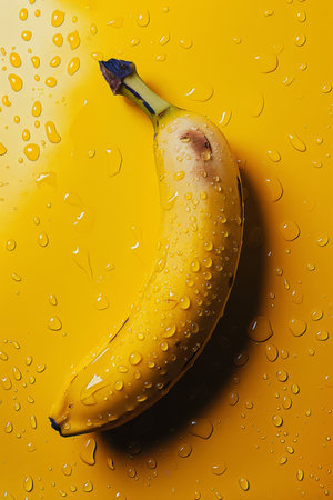 Fresh Banana with Dewdrops on Bright Yellow Surfaceの素材