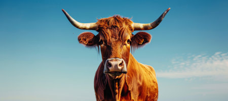 Cow, Brown Fur and Horns Against Blue Skyの素材