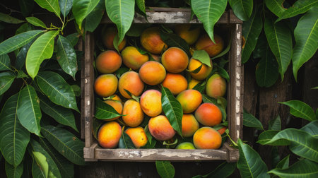 Vibrant Mangoes in Wooden Crateの素材