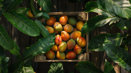 Vibrant Mangoes in Wooden Crateの素材