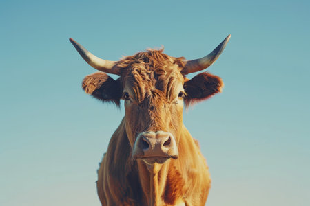 Cow, Brown Fur and Horns Against Blue Skyの素材