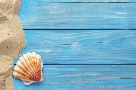 Shell Frame Rests on Sandy Blue Wooden Backgroundの素材