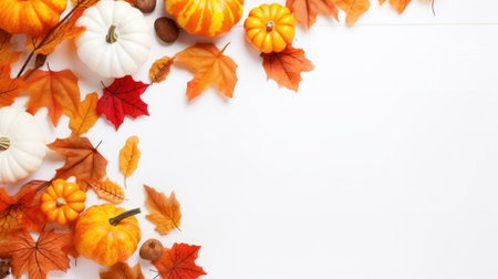 Autumn Festive Decor on White Wooden Backgroundの素材