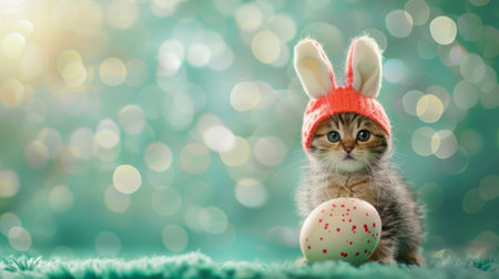 Cute Kitty Dressed as Rabbit with Colorful Eggの素材