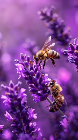 Bees on Lavender Flowers in Natural Lightの素材