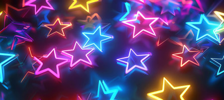 Vibrant Neon Stars, Glowing Colors on Blackの素材