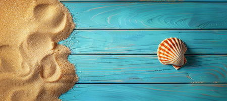 Shell Frame Rests on Sandy Blue Wooden Backgroundの素材