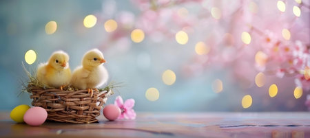 Cheerful Easter Scene, Yellow Chicks Nestled Among Pastel Eggsの素材