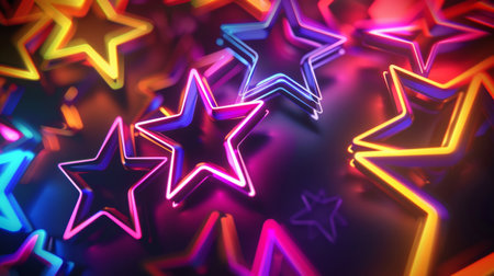 Vibrant Neon Stars, Glowing Colors on Blackの素材