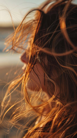 Beach Serenity, Close-Up of Wind-Swept Hair at Sunsetの素材