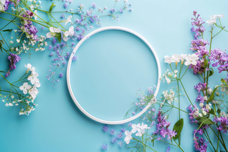Lilac and Blue Floral Circle Frame on Turquoise Backgroundの素材