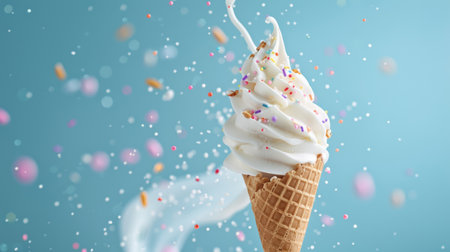 Vanilla Ice Cream Cone Floating Amidst Blue Sky with Sprinklesの素材