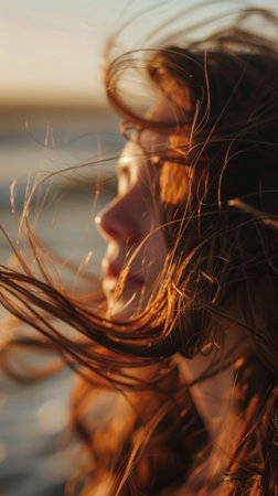 Beach Serenity, Close-Up of Wind-Swept Hair at Sunsetの素材