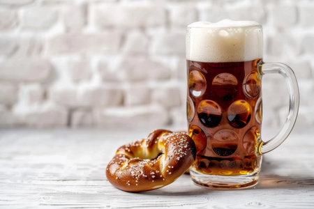 Beer and Pretzel on Bright Wooden Tableの素材