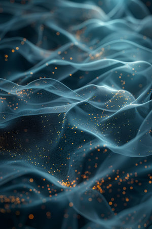 Dark Blue Abstract Background, Glowing Particles and Wavesの素材