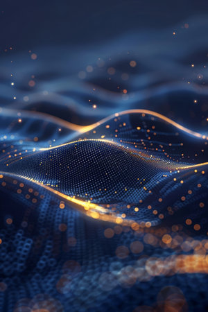 Dark Blue Abstract Background, Glowing Particles and Wavesの素材